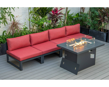 LeisureMod Chelsea 5-Piece Middle Patio Chairs and Fire Pit Table Set Black Aluminum with Cushions - Red