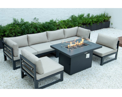 LeisureMod Chelsea 7-Piece Patio Sectional and Fire Pit Table Black Aluminum with Cushions