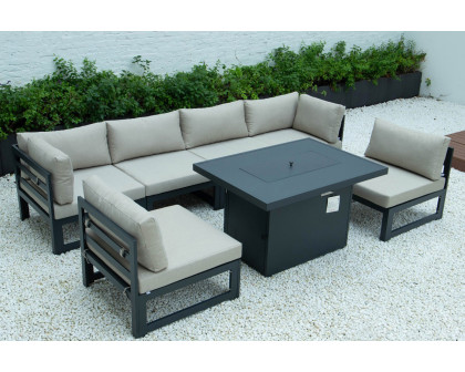 LeisureMod Chelsea 7-Piece Patio Sectional and Fire Pit Table Black Aluminum with Cushions - Beige