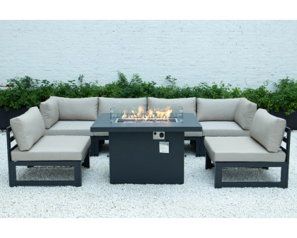 LeisureMod Chelsea 7-Piece Patio Sectional and Fire Pit Table Black Aluminum with Cushions - Beige