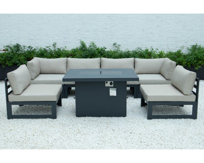 LeisureMod Chelsea 7-Piece Patio Sectional and Fire Pit Table Black Aluminum with Cushions - Beige