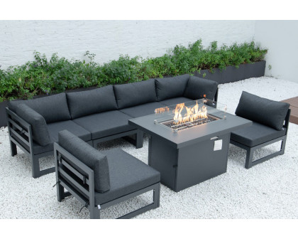 LeisureMod Chelsea 7-Piece Patio Sectional and Fire Pit Table Black Aluminum with Cushions