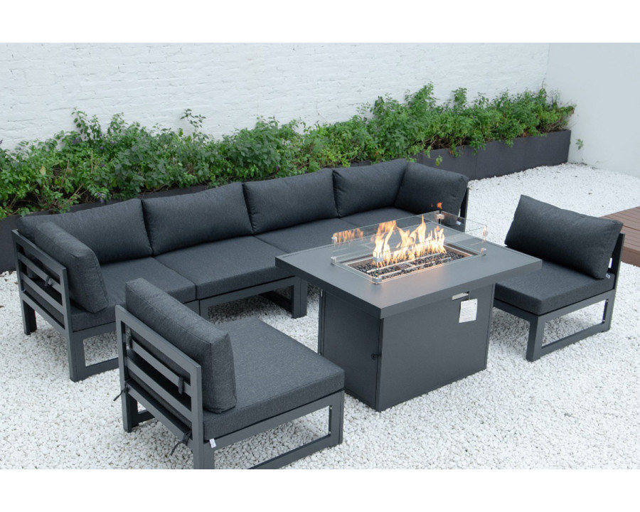 LeisureMod Chelsea 7-Piece Patio Sectional and Fire Pit Table Black Aluminum with Cushions - Black