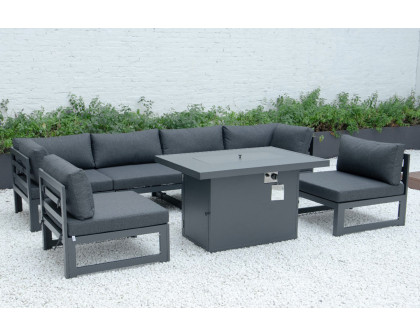 LeisureMod Chelsea 7-Piece Patio Sectional and Fire Pit Table Black Aluminum with Cushions - Black