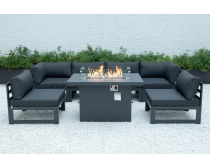 LeisureMod Chelsea 7-Piece Patio Sectional and Fire Pit Table Black Aluminum with Cushions - Black