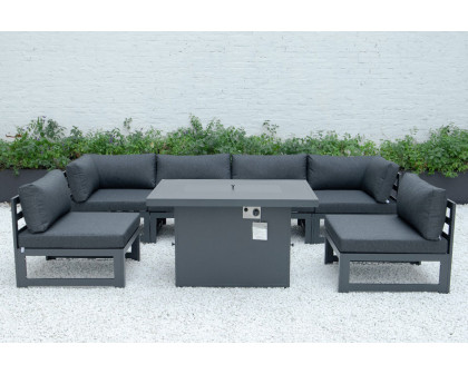 LeisureMod Chelsea 7-Piece Patio Sectional and Fire Pit Table Black Aluminum with Cushions - Black