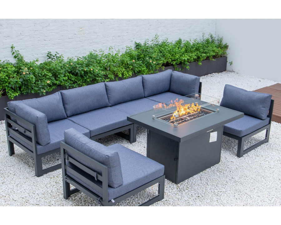 LeisureMod Chelsea 7-Piece Patio Sectional and Fire Pit Table Black Aluminum with Cushions - Blue