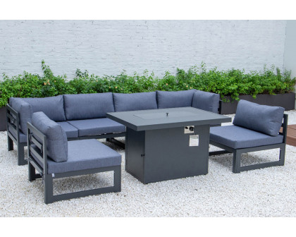 LeisureMod Chelsea 7-Piece Patio Sectional and Fire Pit Table Black Aluminum with Cushions - Blue