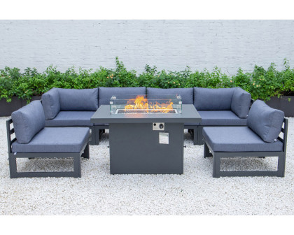 LeisureMod Chelsea 7-Piece Patio Sectional and Fire Pit Table Black Aluminum with Cushions - Blue