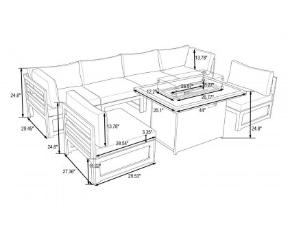 LeisureMod Chelsea 7-Piece Patio Sectional and Fire Pit Table Black Aluminum with Cushions - Green