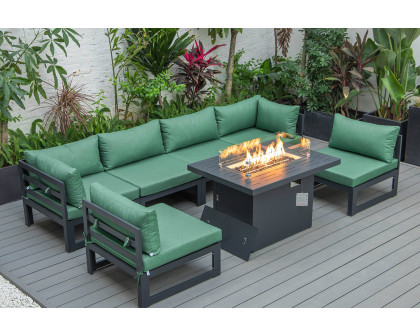 LeisureMod Chelsea 7-Piece Patio Sectional and Fire Pit Table Black Aluminum with Cushions