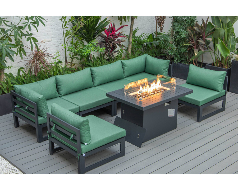 LeisureMod Chelsea 7-Piece Patio Sectional and Fire Pit Table Black Aluminum with Cushions - Green