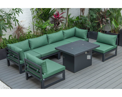 LeisureMod Chelsea 7-Piece Patio Sectional and Fire Pit Table Black Aluminum with Cushions - Green