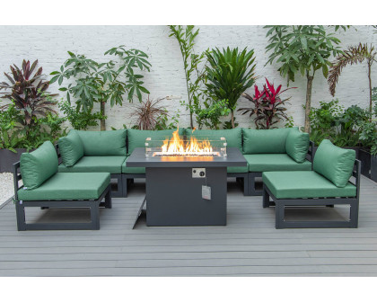 LeisureMod Chelsea 7-Piece Patio Sectional and Fire Pit Table Black Aluminum with Cushions - Green