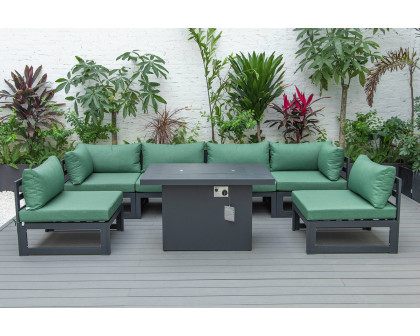 LeisureMod Chelsea 7-Piece Patio Sectional and Fire Pit Table Black Aluminum with Cushions - Green