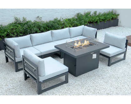 LeisureMod Chelsea 7-Piece Patio Sectional and Fire Pit Table Black Aluminum with Cushions