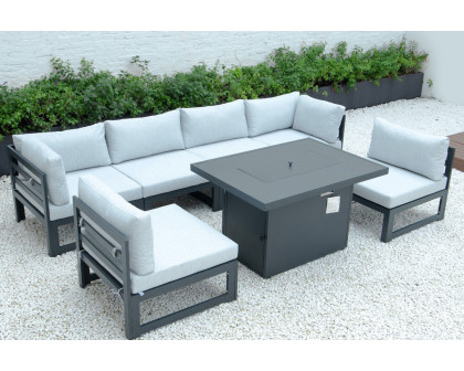 LeisureMod Chelsea 7-Piece Patio Sectional and Fire Pit Table Black Aluminum with Cushions - Light Gray