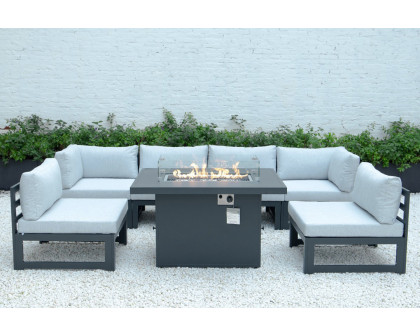 LeisureMod Chelsea 7-Piece Patio Sectional and Fire Pit Table Black Aluminum with Cushions - Light Gray