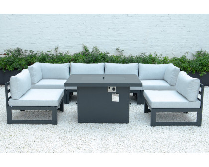 LeisureMod Chelsea 7-Piece Patio Sectional and Fire Pit Table Black Aluminum with Cushions - Light Gray