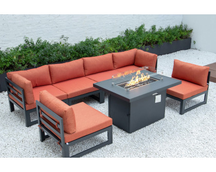 LeisureMod Chelsea 7-Piece Patio Sectional and Fire Pit Table Black Aluminum with Cushions