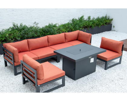 LeisureMod Chelsea 7-Piece Patio Sectional and Fire Pit Table Black Aluminum with Cushions - Orange