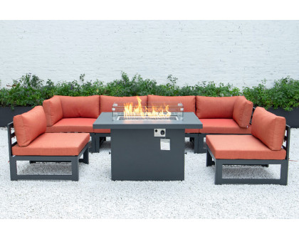 LeisureMod Chelsea 7-Piece Patio Sectional and Fire Pit Table Black Aluminum with Cushions - Orange