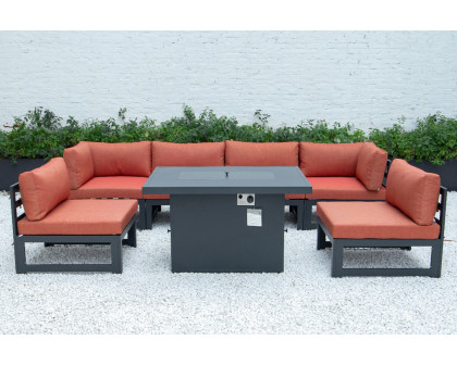 LeisureMod Chelsea 7-Piece Patio Sectional and Fire Pit Table Black Aluminum with Cushions - Orange