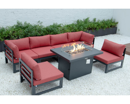 LeisureMod Chelsea 7-Piece Patio Sectional and Fire Pit Table Black Aluminum with Cushions