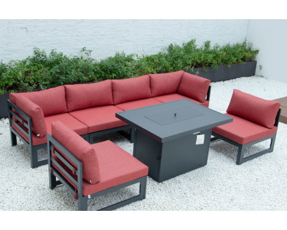 LeisureMod Chelsea 7-Piece Patio Sectional and Fire Pit Table Black Aluminum with Cushions - Red