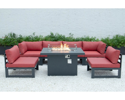 LeisureMod Chelsea 7-Piece Patio Sectional and Fire Pit Table Black Aluminum with Cushions - Red