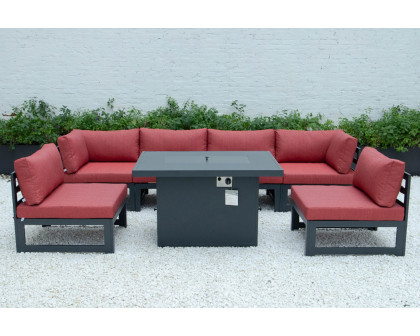 LeisureMod Chelsea 7-Piece Patio Sectional and Fire Pit Table Black Aluminum with Cushions - Red