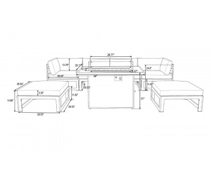 LeisureMod Chelsea 7-Piece Patio Ottoman Sectional and Fire Pit Table Black Aluminum with Cushions - Beige