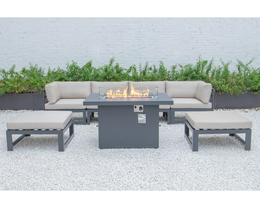 LeisureMod Chelsea 7-Piece Patio Ottoman Sectional and Fire Pit Table Black Aluminum with Cushions - Beige