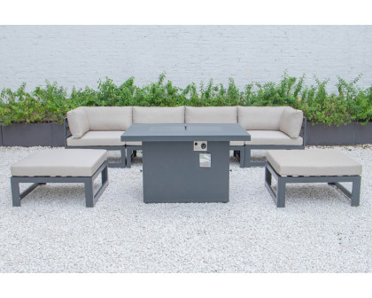 LeisureMod Chelsea 7-Piece Patio Ottoman Sectional and Fire Pit Table Black Aluminum with Cushions - Beige