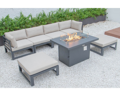 LeisureMod Chelsea 7-Piece Patio Ottoman Sectional and Fire Pit Table Black Aluminum with Cushions - Beige