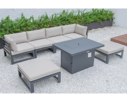 LeisureMod Chelsea 7-Piece Patio Ottoman Sectional and Fire Pit Table Black Aluminum with Cushions - Beige