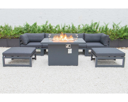 LeisureMod Chelsea 7-Piece Patio Ottoman Sectional and Fire Pit Table Black Aluminum with Cushions