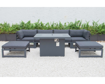 LeisureMod Chelsea 7-Piece Patio Ottoman Sectional and Fire Pit Table Black Aluminum with Cushions - Black