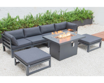 LeisureMod Chelsea 7-Piece Patio Ottoman Sectional and Fire Pit Table Black Aluminum with Cushions - Black