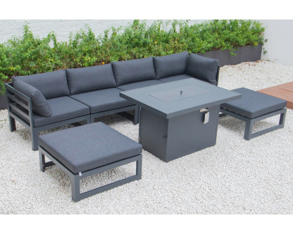 LeisureMod Chelsea 7-Piece Patio Ottoman Sectional and Fire Pit Table Black Aluminum with Cushions - Black