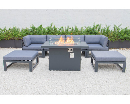 LeisureMod Chelsea 7-Piece Patio Ottoman Sectional and Fire Pit Table Black Aluminum with Cushions