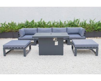 LeisureMod Chelsea 7-Piece Patio Ottoman Sectional and Fire Pit Table Black Aluminum with Cushions - Blue