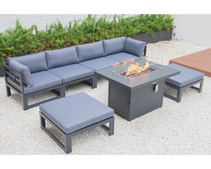 LeisureMod Chelsea 7-Piece Patio Ottoman Sectional and Fire Pit Table Black Aluminum with Cushions - Blue