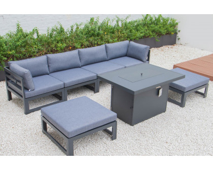 LeisureMod Chelsea 7-Piece Patio Ottoman Sectional and Fire Pit Table Black Aluminum with Cushions - Blue