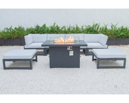 LeisureMod Chelsea 7-Piece Patio Ottoman Sectional and Fire Pit Table Black Aluminum with Cushions