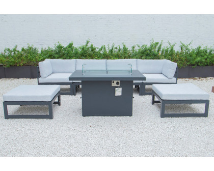 LeisureMod Chelsea 7-Piece Patio Ottoman Sectional and Fire Pit Table Black Aluminum with Cushions - Light Gray