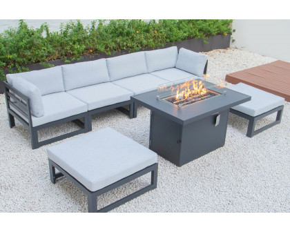 LeisureMod Chelsea 7-Piece Patio Ottoman Sectional and Fire Pit Table Black Aluminum with Cushions - Light Gray