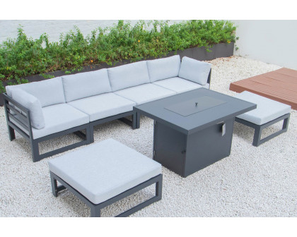 LeisureMod Chelsea 7-Piece Patio Ottoman Sectional and Fire Pit Table Black Aluminum with Cushions - Light Gray