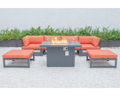 LeisureMod Chelsea 7-Piece Patio Ottoman Sectional and Fire Pit Table Black Aluminum with Cushions