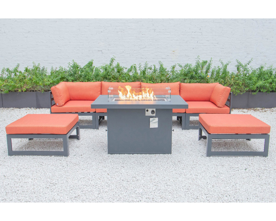 LeisureMod Chelsea 7-Piece Patio Ottoman Sectional and Fire Pit Table Black Aluminum with Cushions - Orange